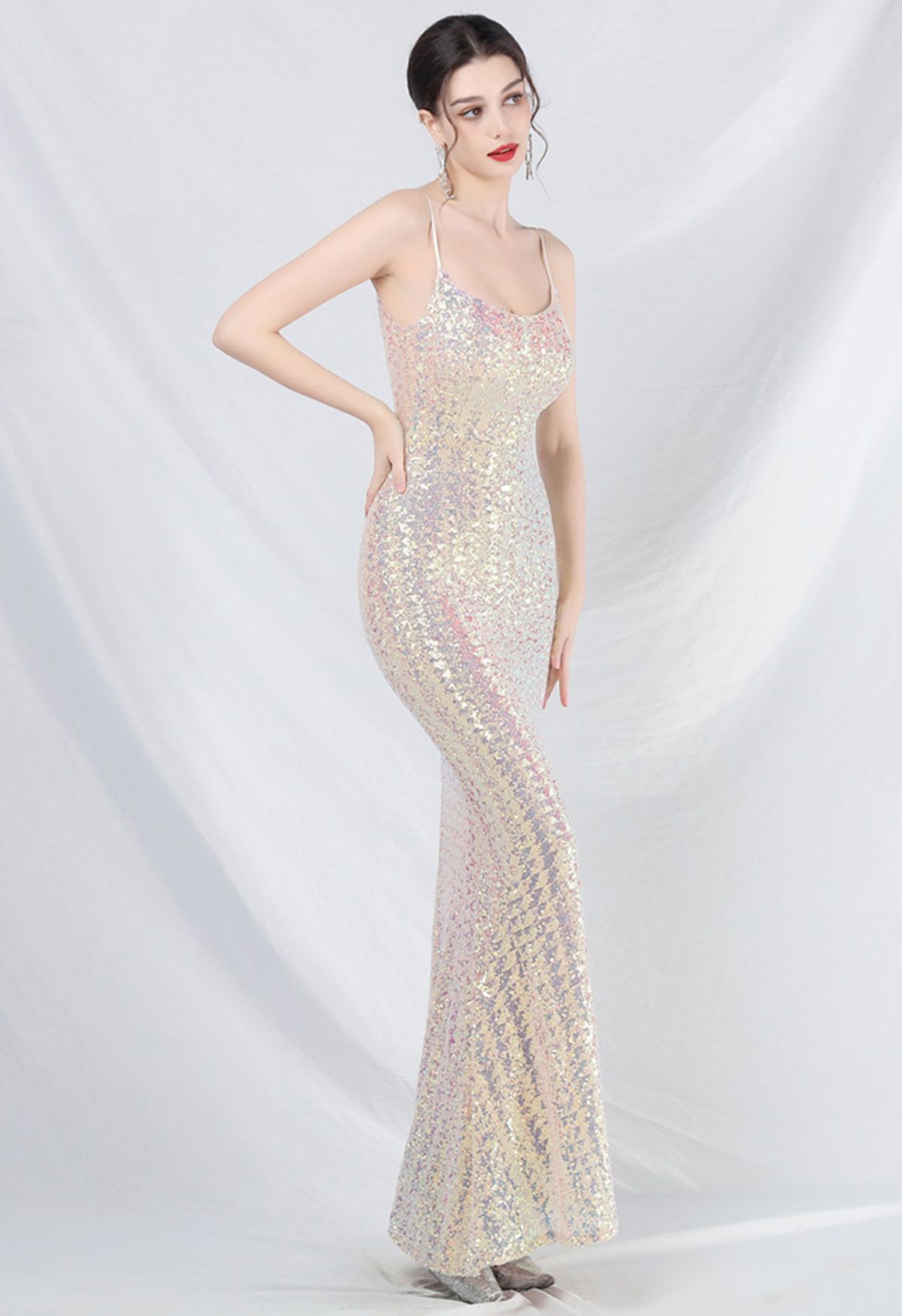 Robe caraco sirène à sequins de conte de fées en abricot