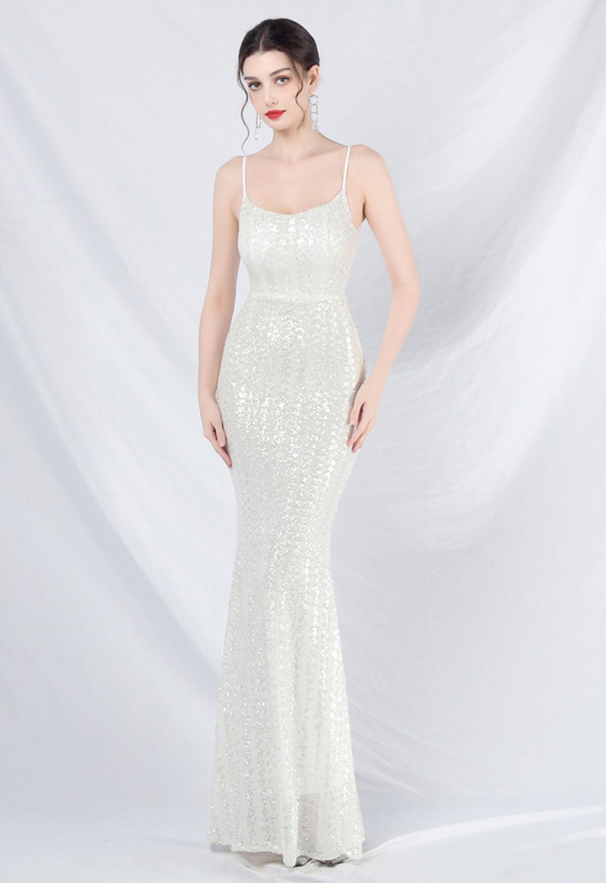 Robe caraco sirène à sequins de conte de fées en blanc