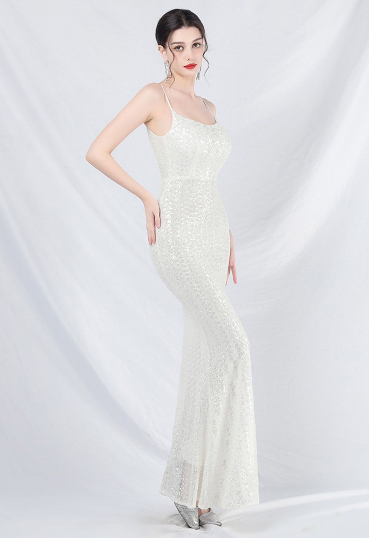 Robe caraco sirène à sequins de conte de fées en blanc