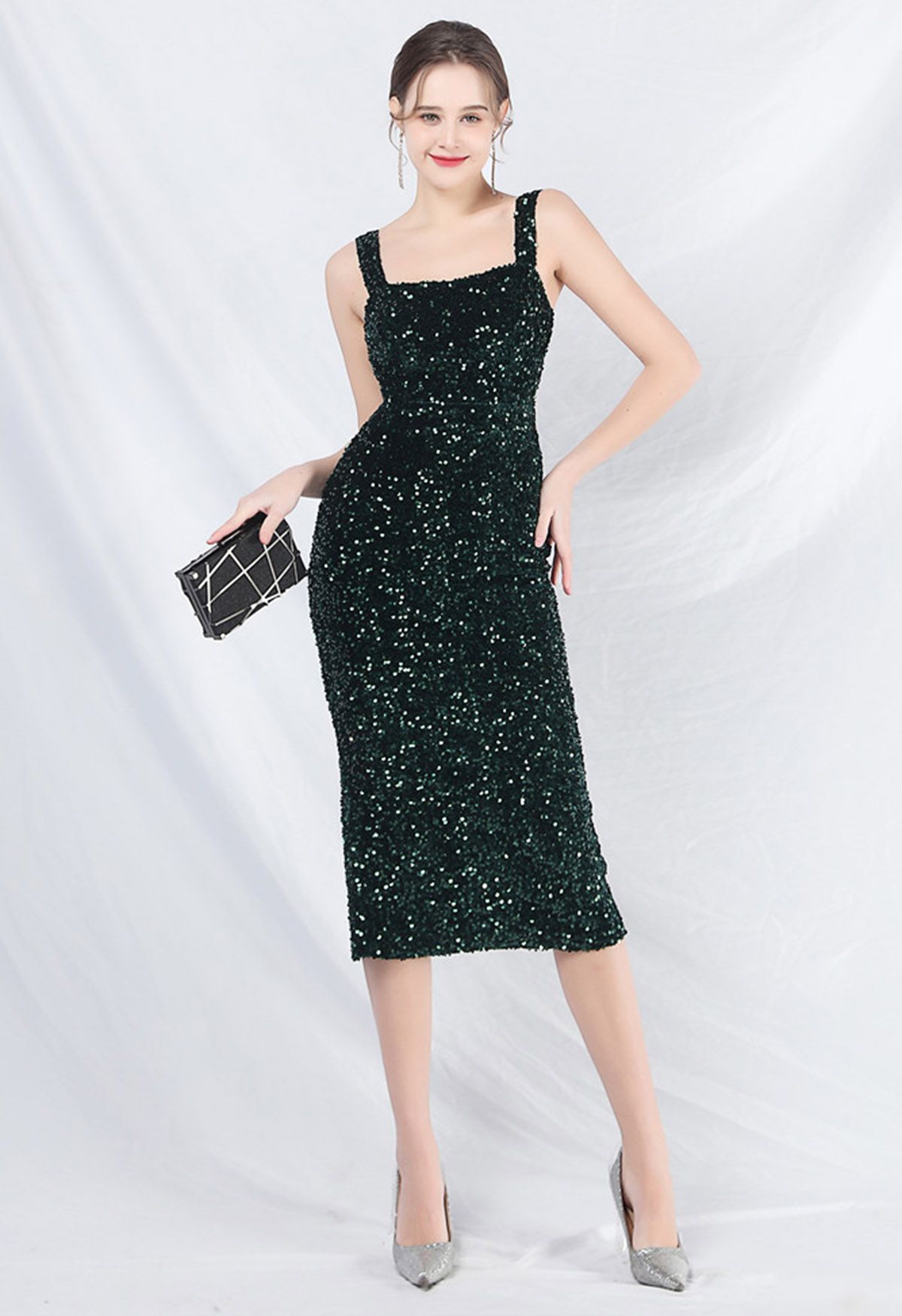 Robe caraco en velours fendue à paillettes scintillantes en vert foncé