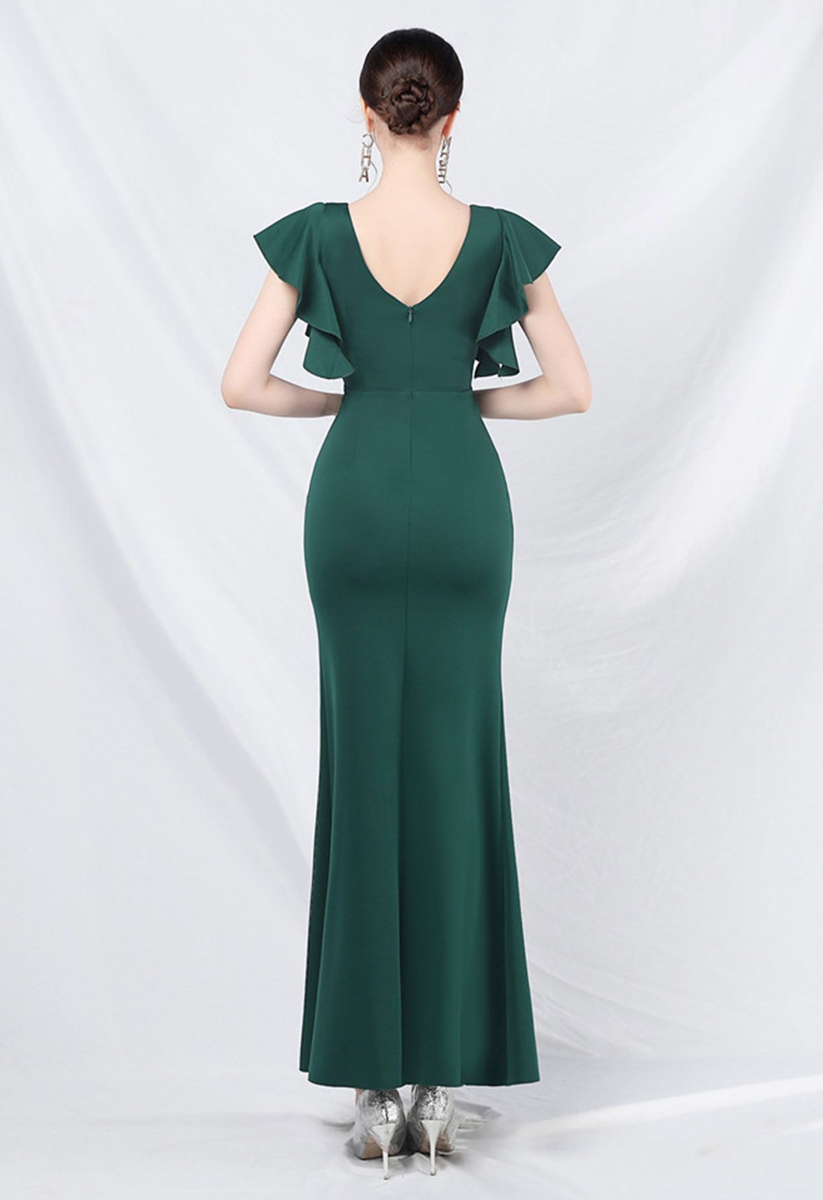 Glamorous - Robe sirène fendue à volants et fente en vert foncé