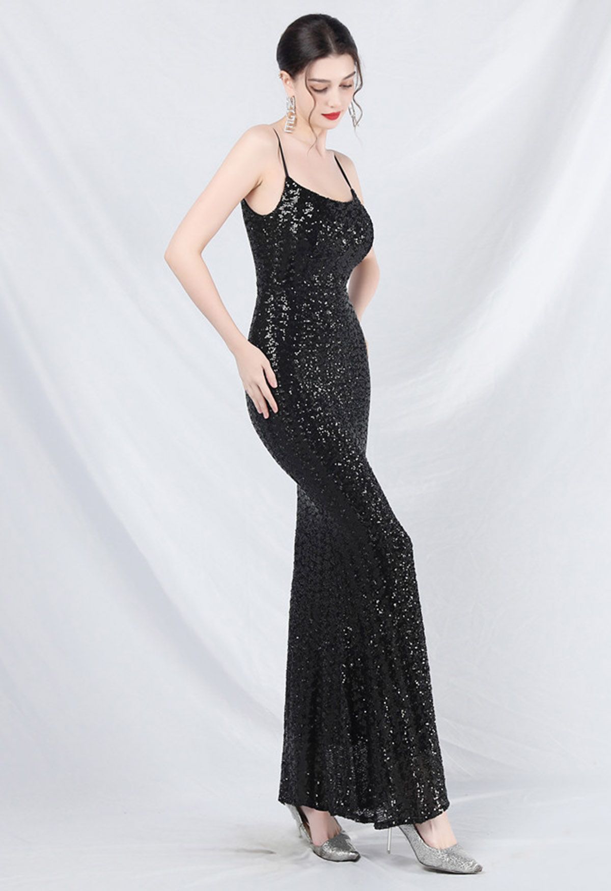 Robe caraco sirène à sequins de conte de fées en noir