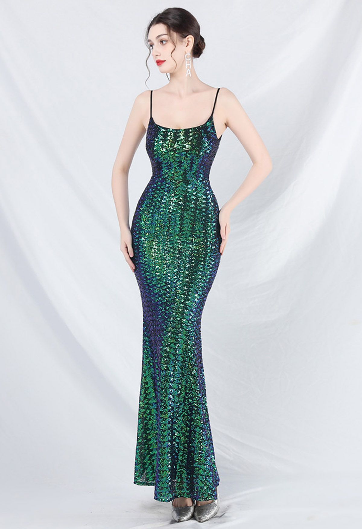 Robe caraco sirène à sequins de conte de fées en vert