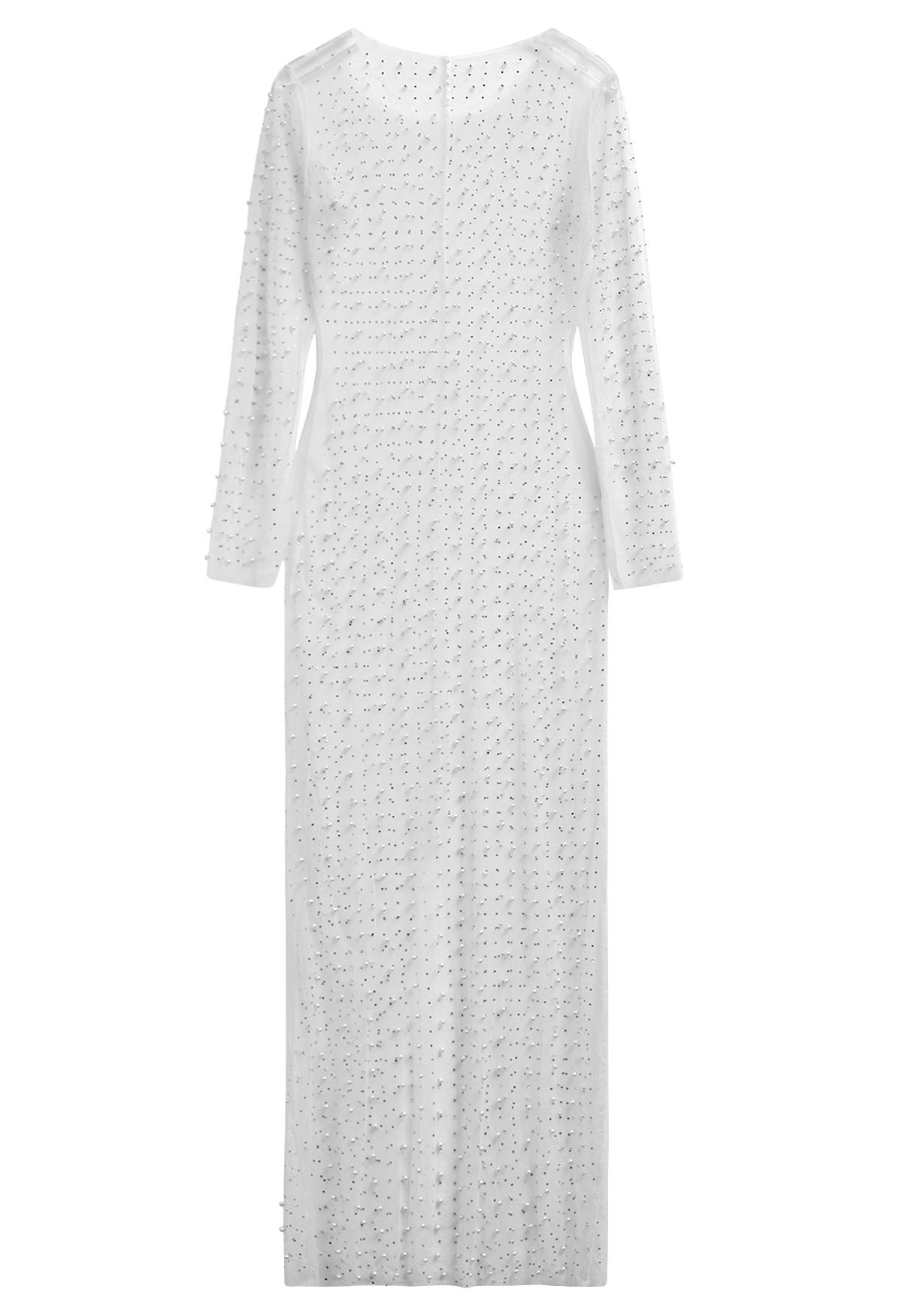 Robe longue cache-maillot en maille transparente ornée de perles en blanc