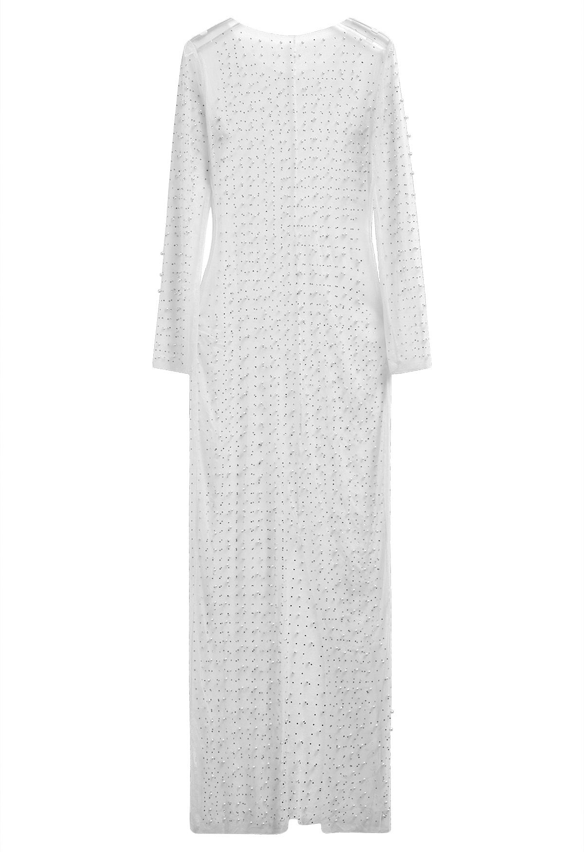 Robe longue cache-maillot en maille transparente ornée de perles en blanc