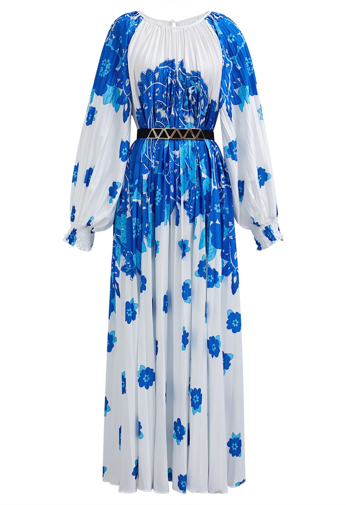 Blossoming Day - Robe longue plissée aquarelle en bleu