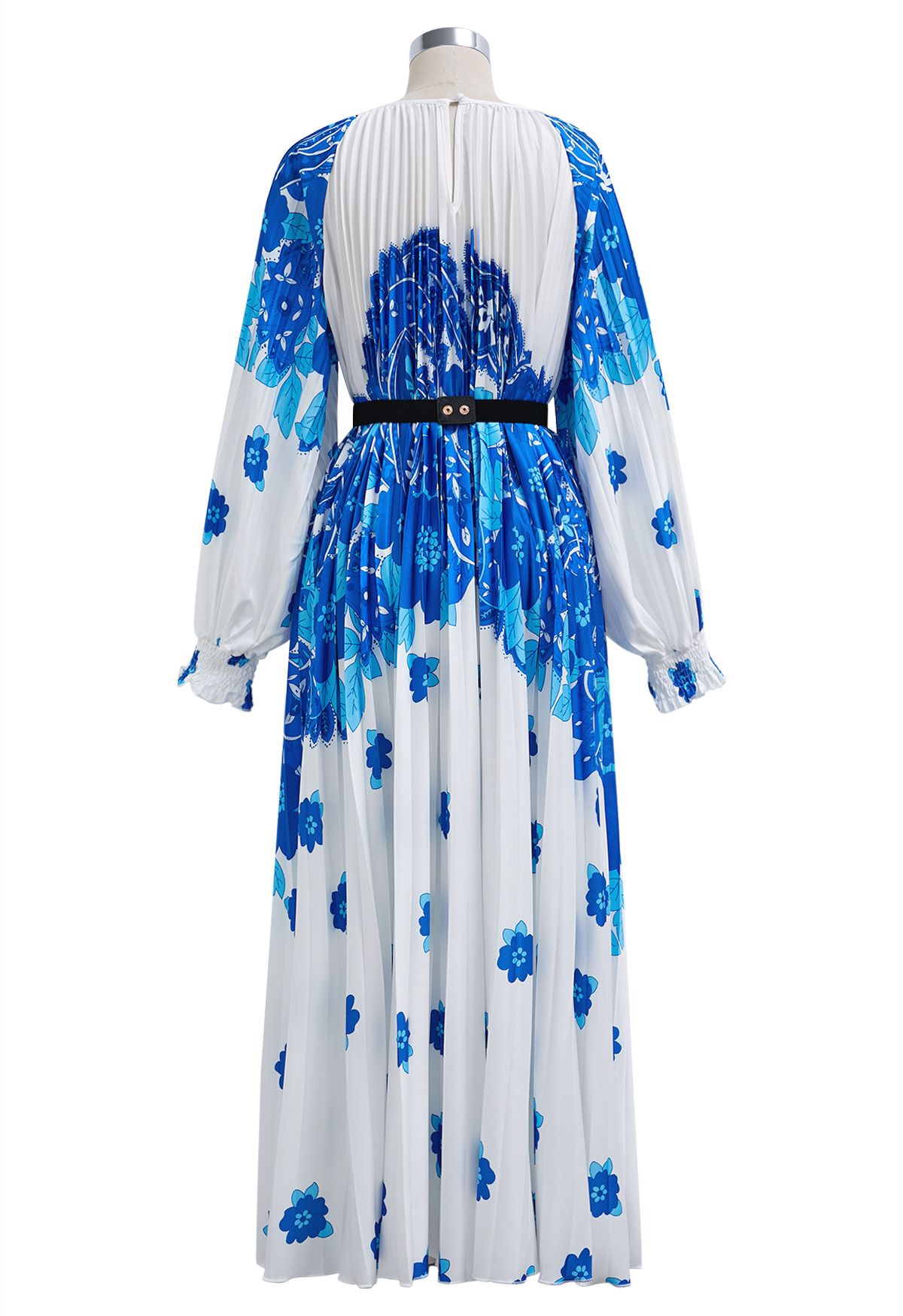 Blossoming Day - Robe longue plissée aquarelle en bleu