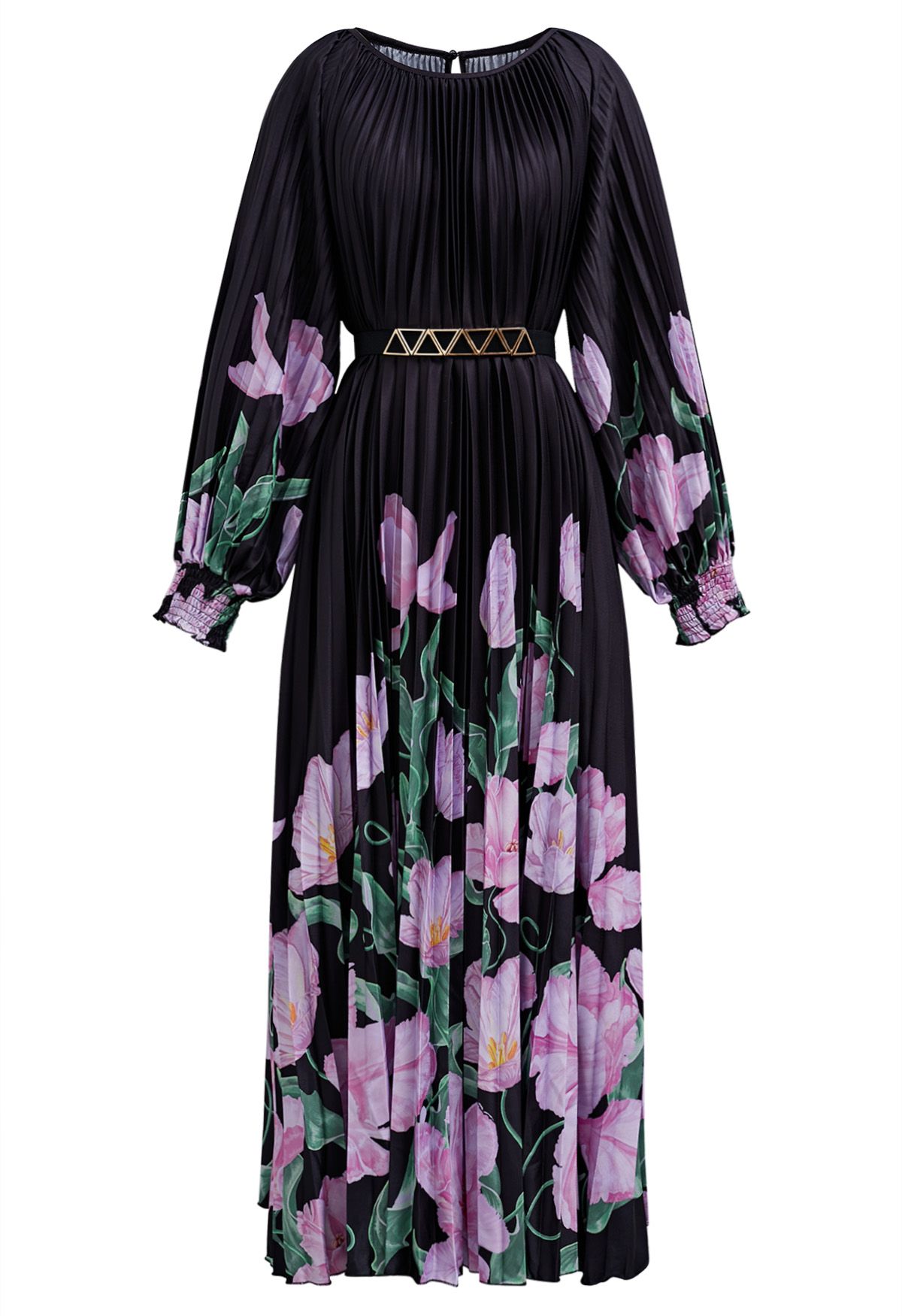 Blossoming Day - Robe longue plissée aquarelle en noir