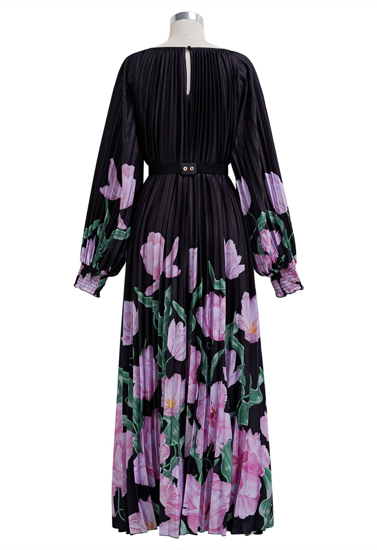 Blossoming Day - Robe longue plissée aquarelle en noir