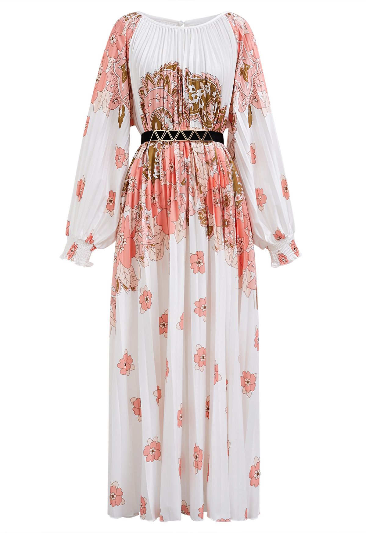 Blossoming Day - Robe longue plissée aquarelle en corail