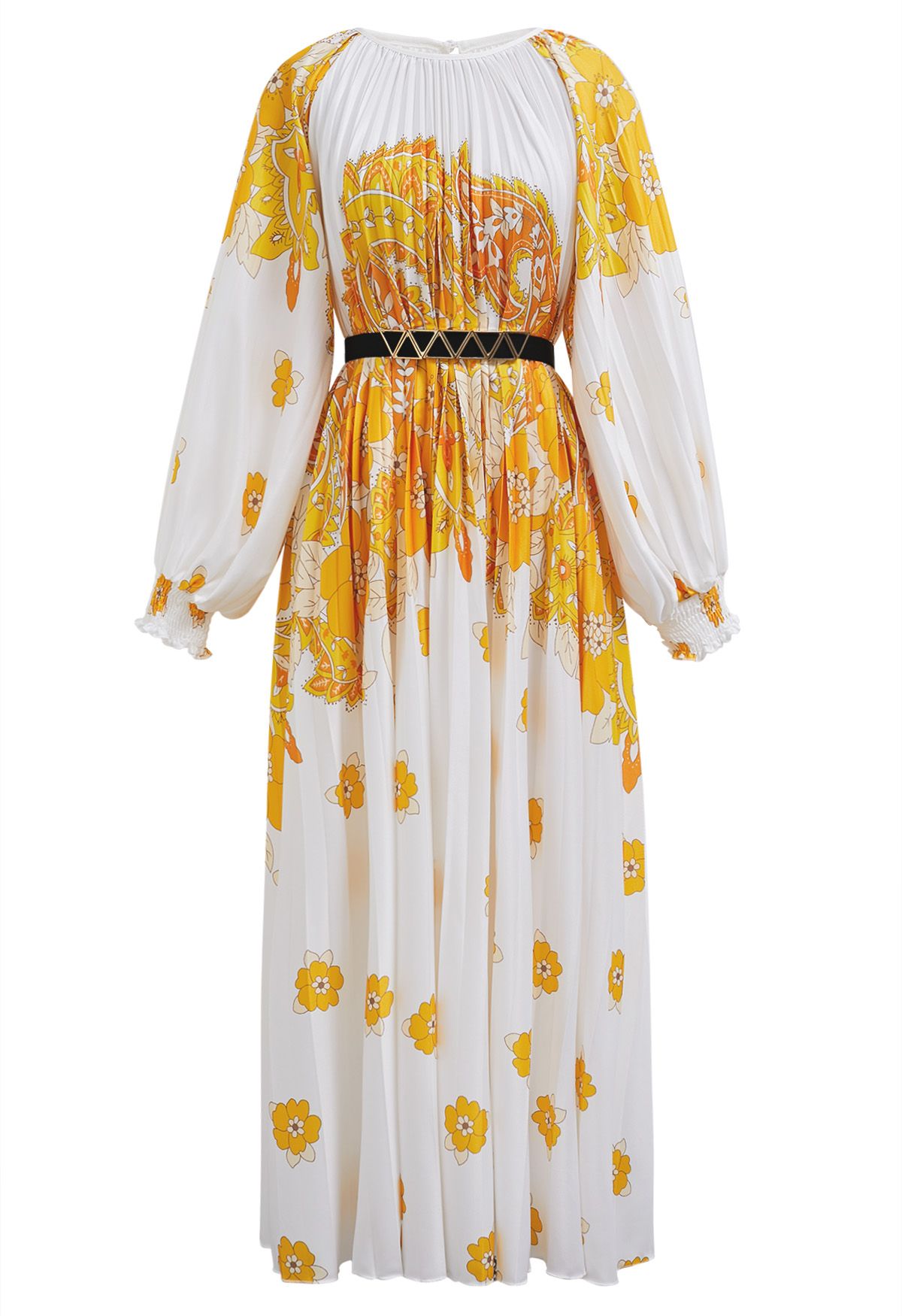 Blossoming Day - Robe longue plissée aquarelle en jaune