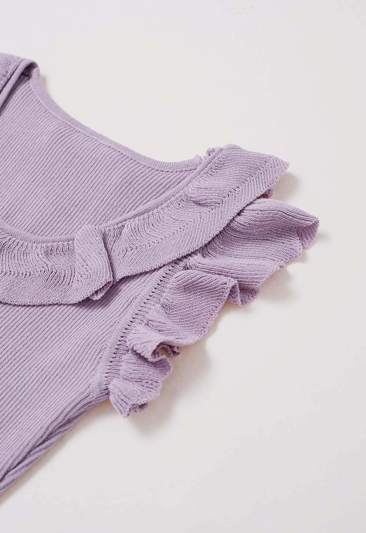 Haut en tricot sans manches à volants éthéré en lilas