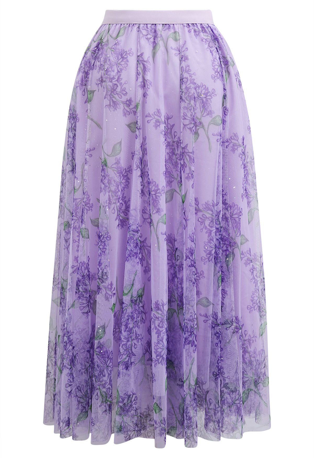 Jupe mi-longue en tulle à mailles florales scintillantes en violet