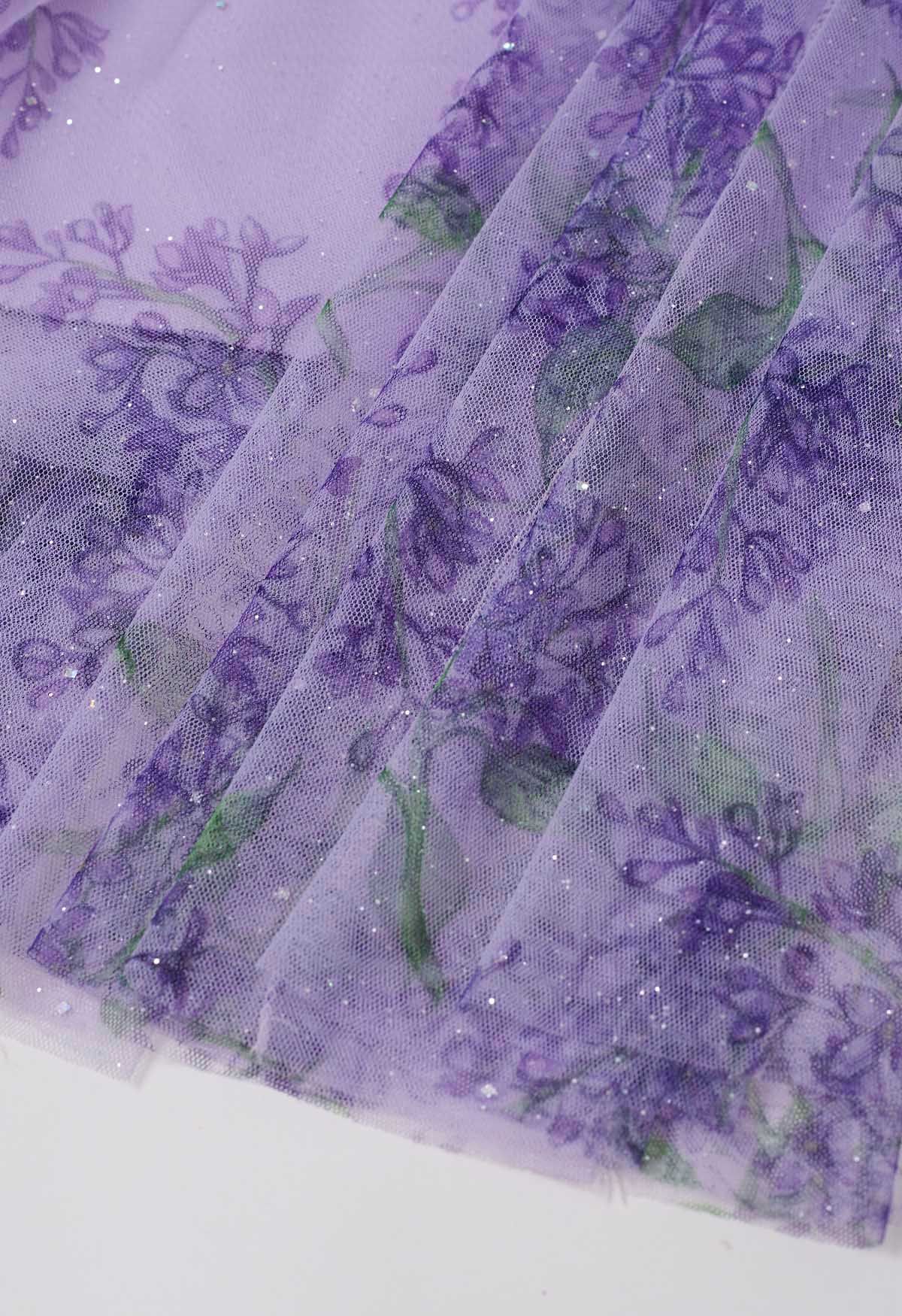 Jupe mi-longue en tulle à mailles florales scintillantes en violet