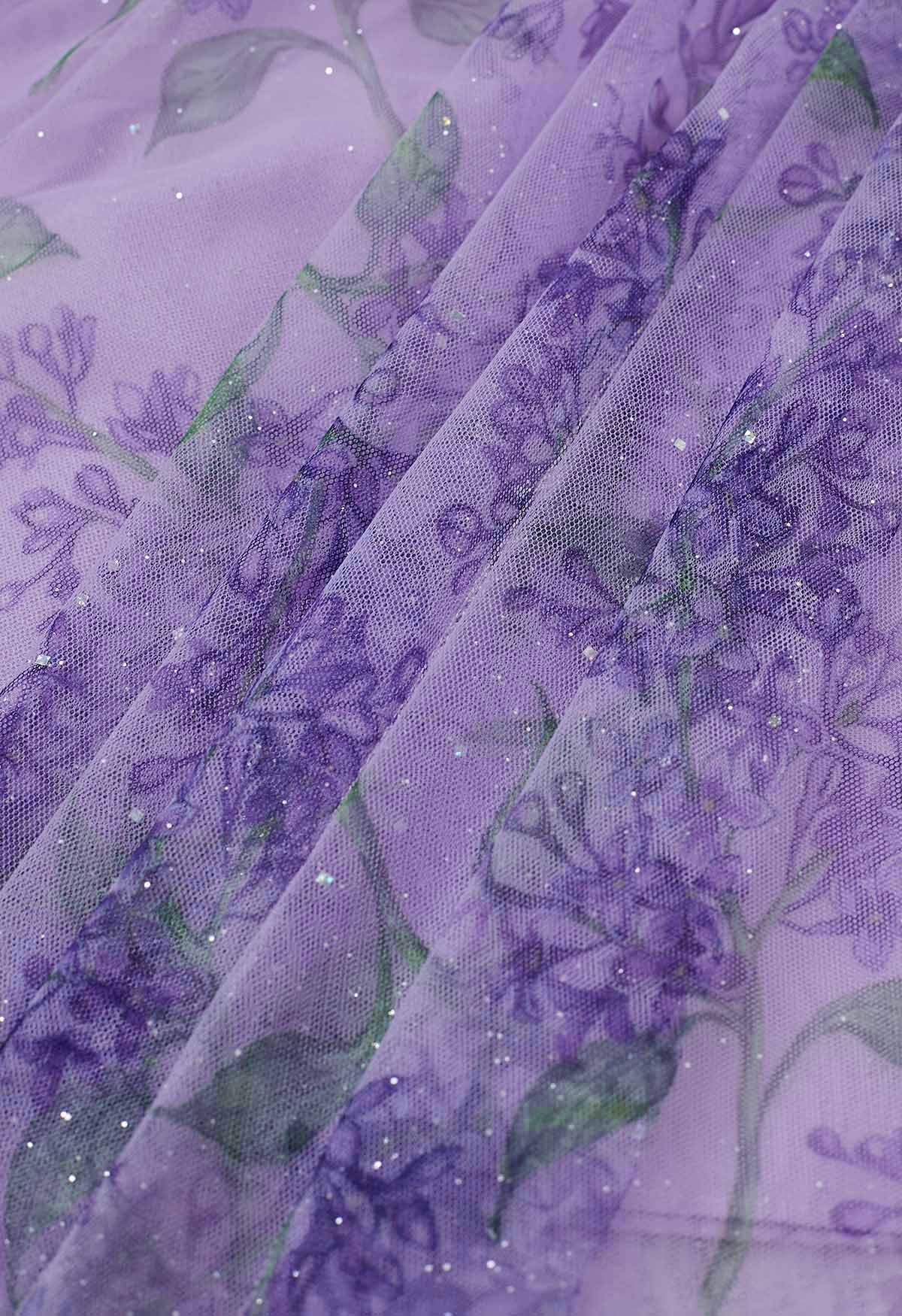 Jupe mi-longue en tulle à mailles florales scintillantes en violet