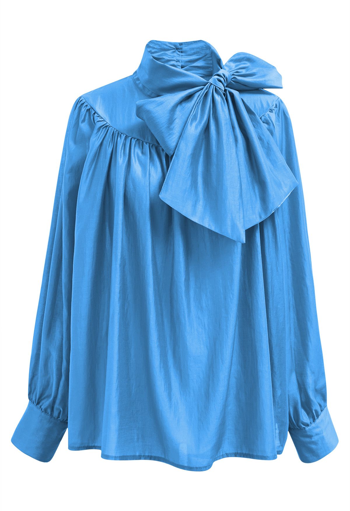 Charmante chemise transparente à manches bouffantes et nœud papillon en bleu