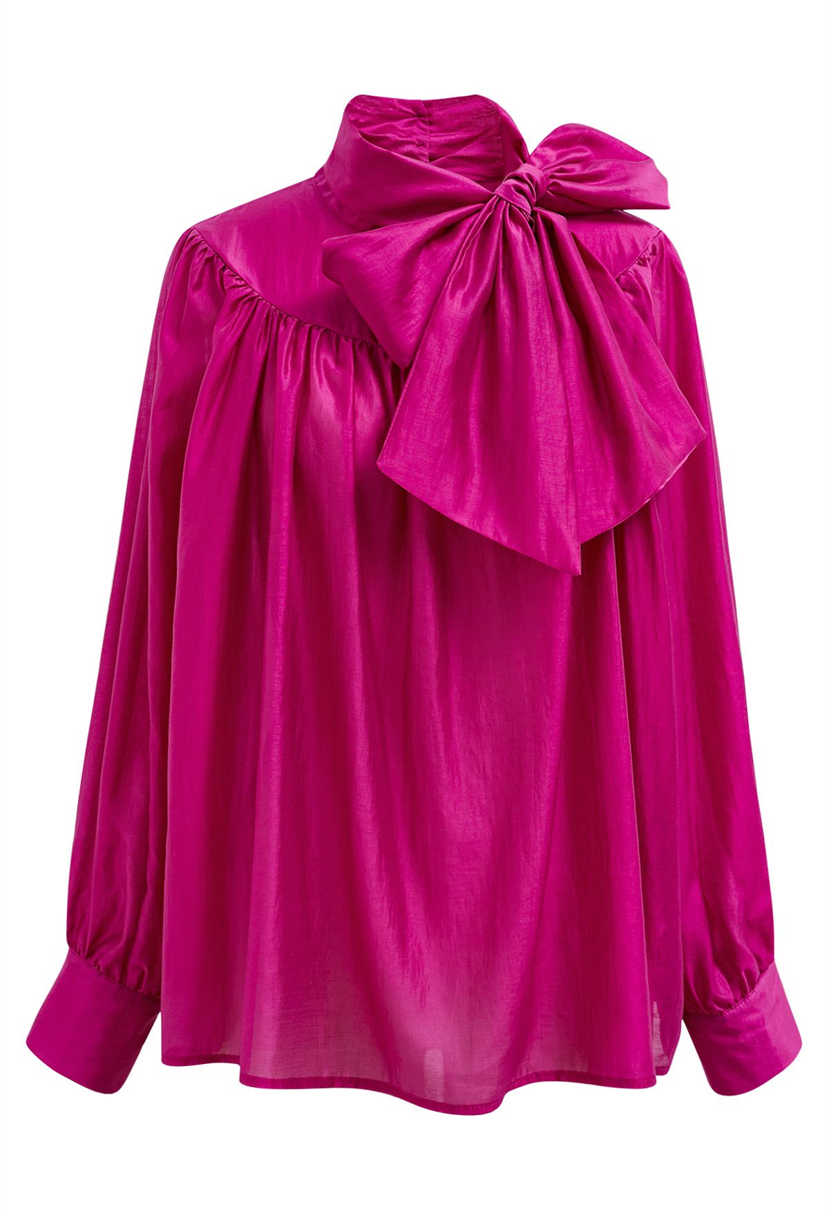 Charmante chemise transparente à manches bouffantes et nœud papillon en rose vif