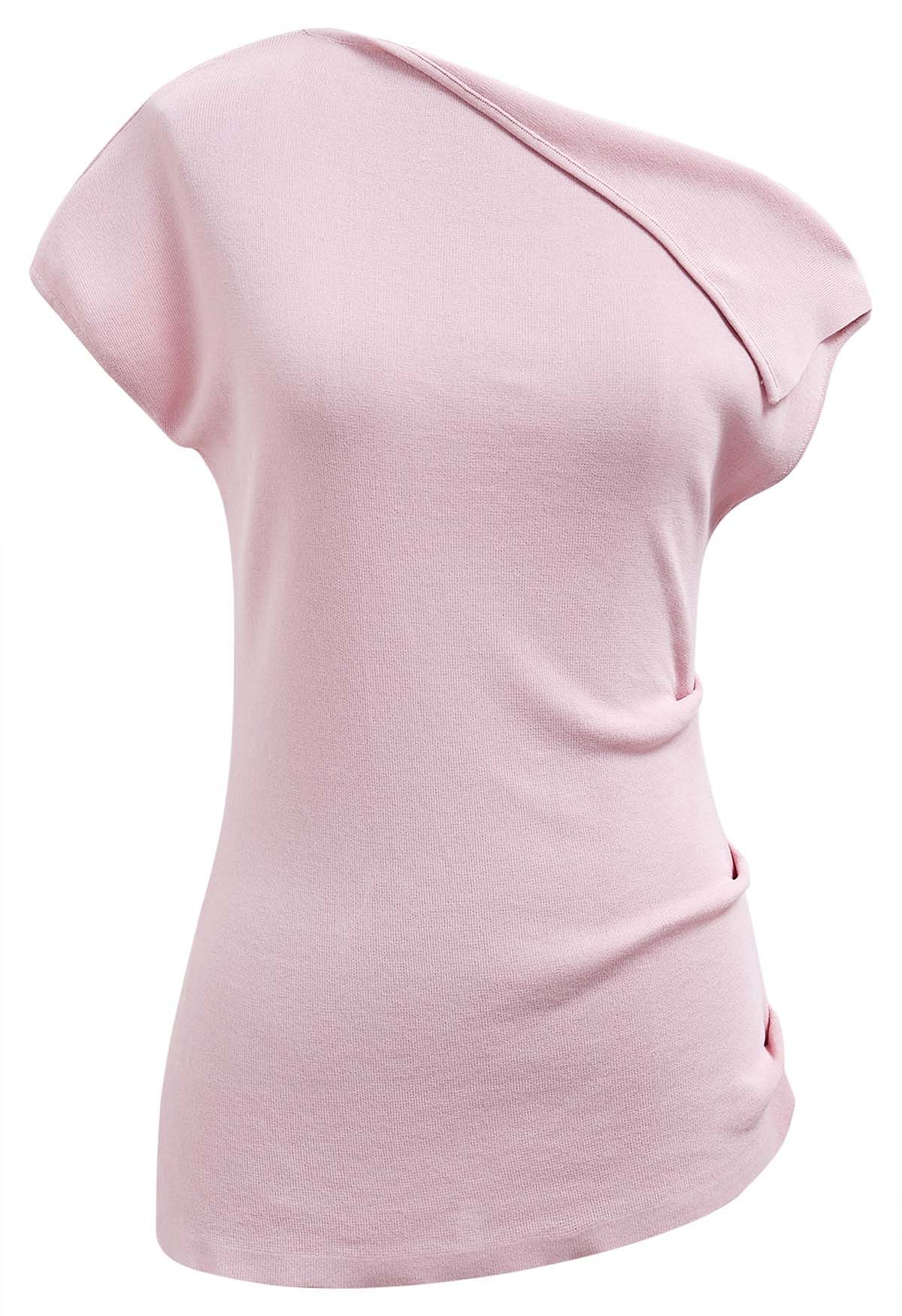 Haut en tricot asymétrique à col plié en rose