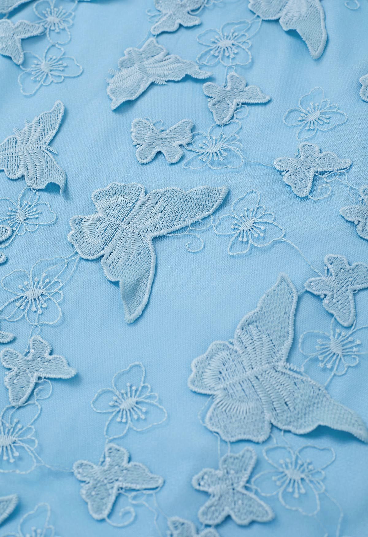 Jupe mi-longue en tulle brodée de papillons 3D Loveliness en bleu