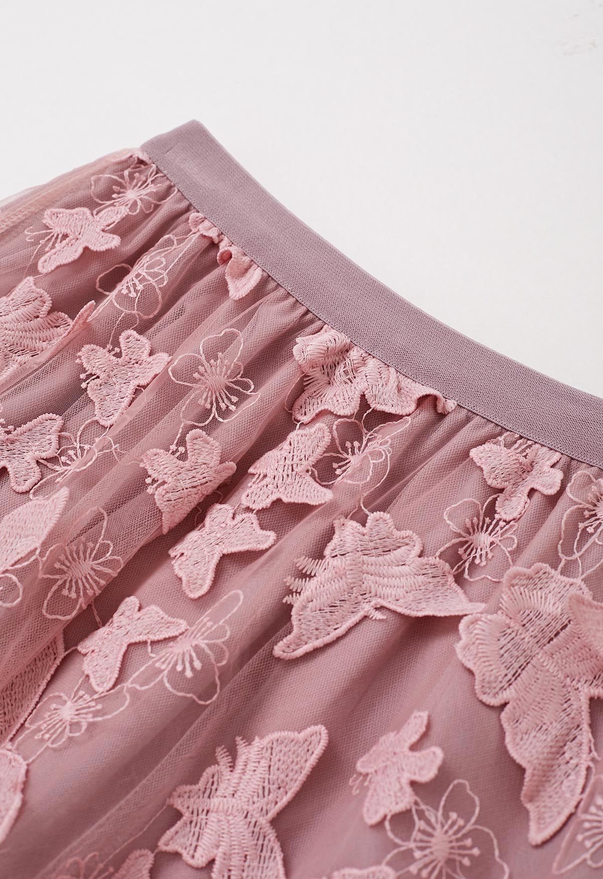 Jupe mi-longue en tulle brodée de papillons 3D Loveliness en rose