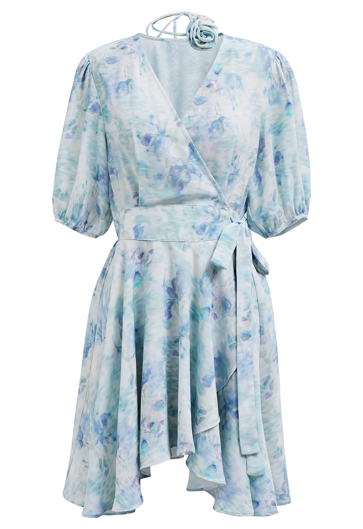 Mini-robe portefeuille à fleurs bleu aquarelle avec tour de cou