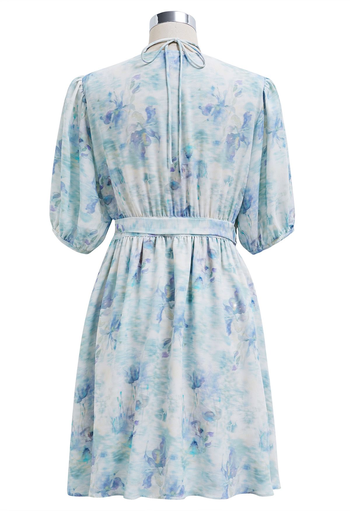 Mini-robe portefeuille à fleurs bleu aquarelle avec tour de cou