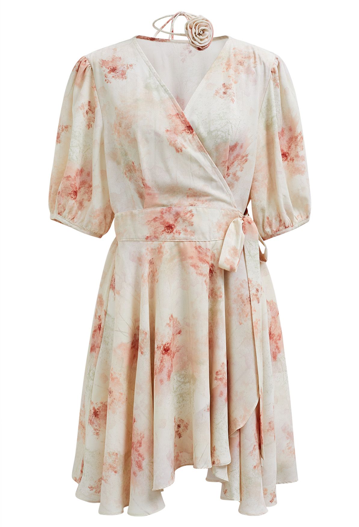 Mini-robe portefeuille fleurie corail aquarelle avec tour de cou