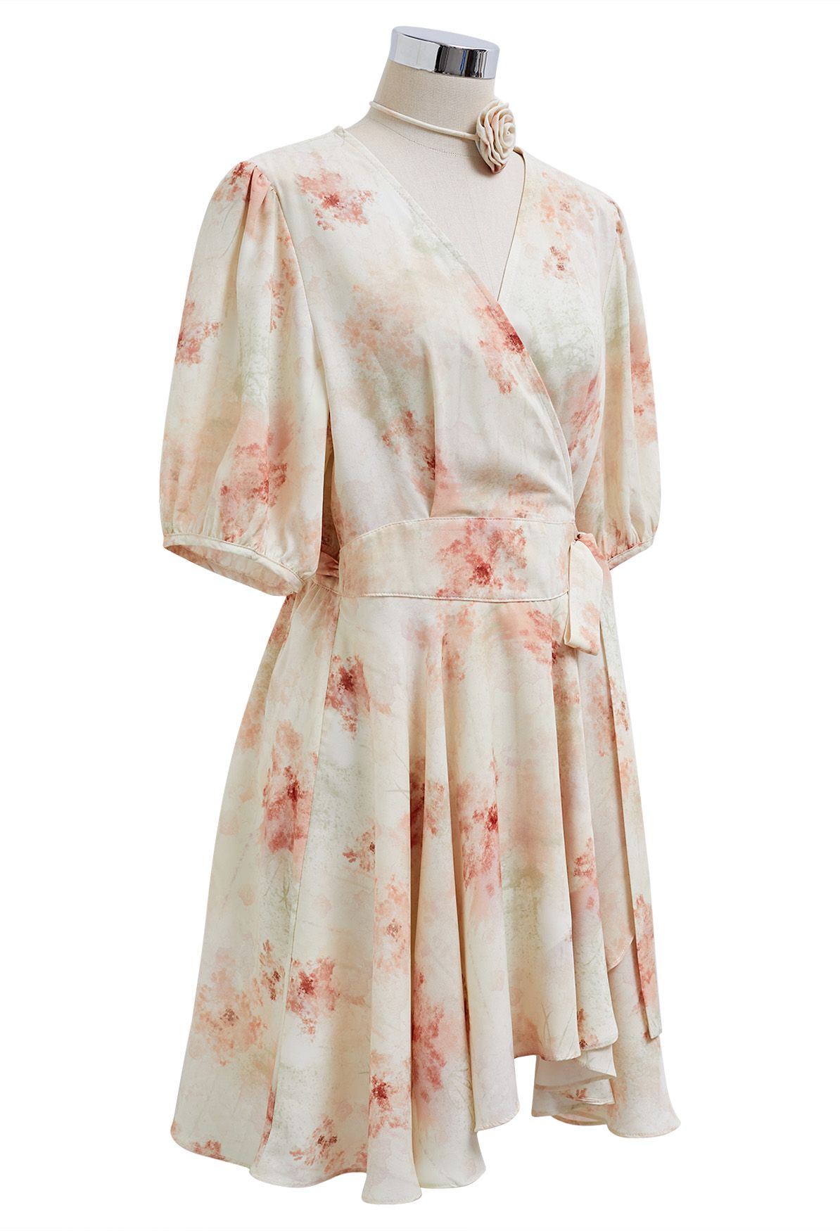 Mini-robe portefeuille fleurie corail aquarelle avec tour de cou