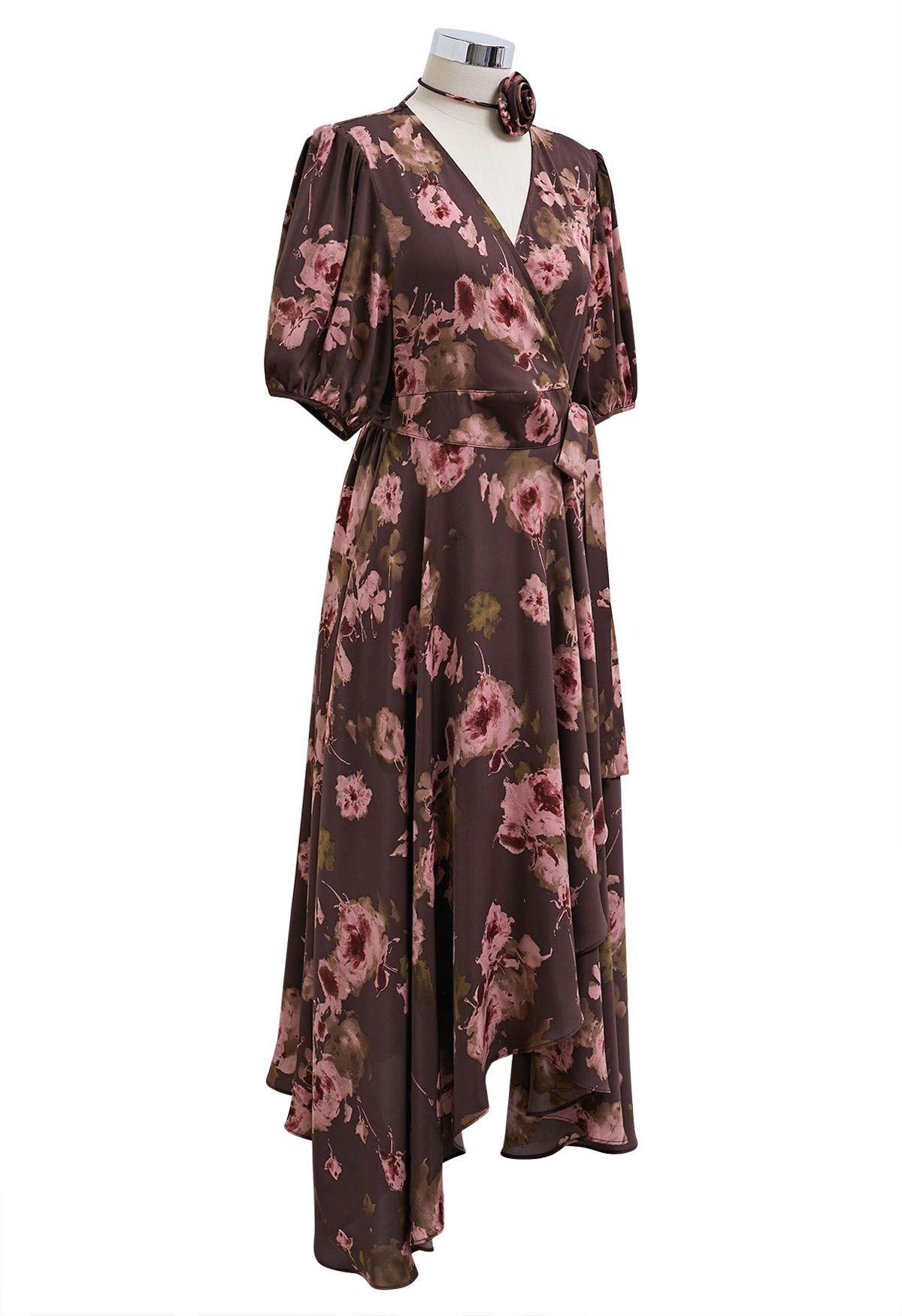 Robe portefeuille mi-longue asymétrique Vintage Bloom avec tour de cou