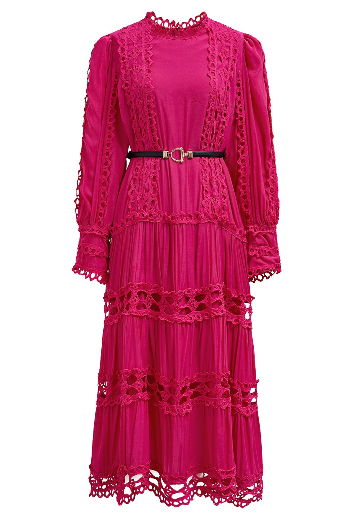 Robe midi ceinturée à manches bouffantes et bordure en dentelle en magenta