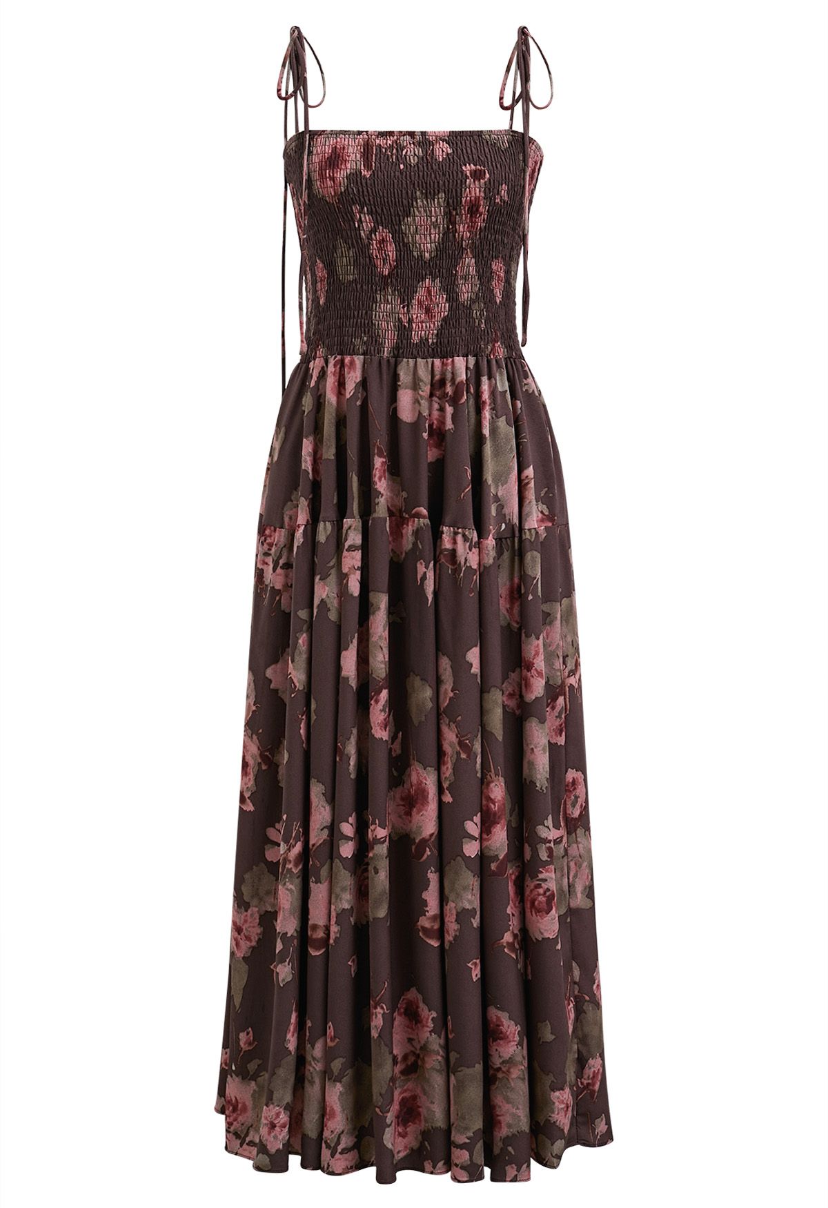 Robe midi froncée à fleurs et épaules nouées en bordeaux