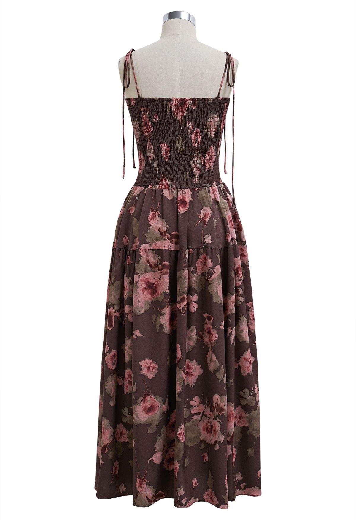 Robe midi froncée à fleurs et épaules nouées en bordeaux