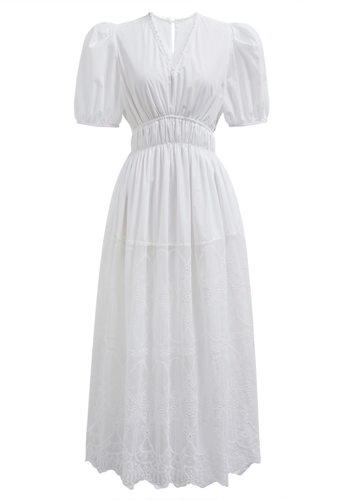 Robe épissé brodée à col en V et manches courtes bouffantes en blanc