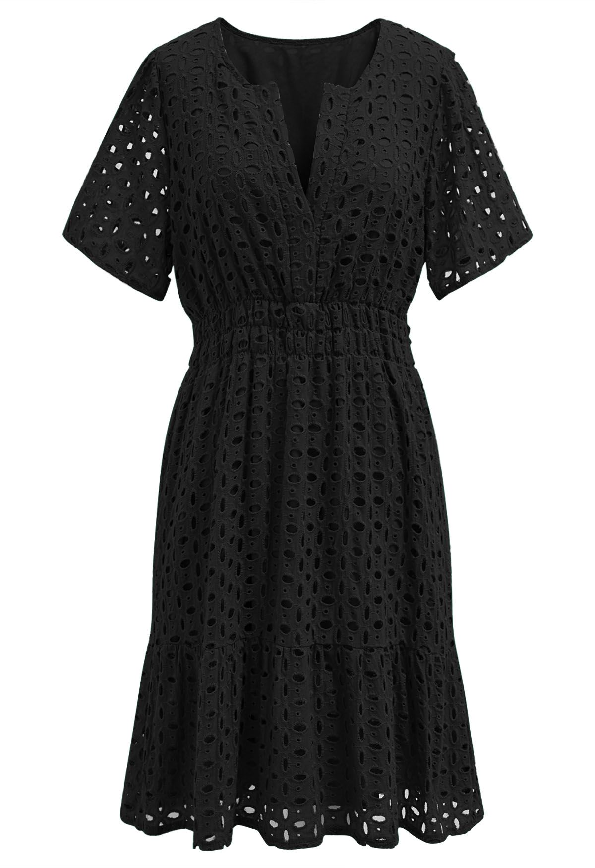 Robe en coton à col en V brodée d'œillets en noir