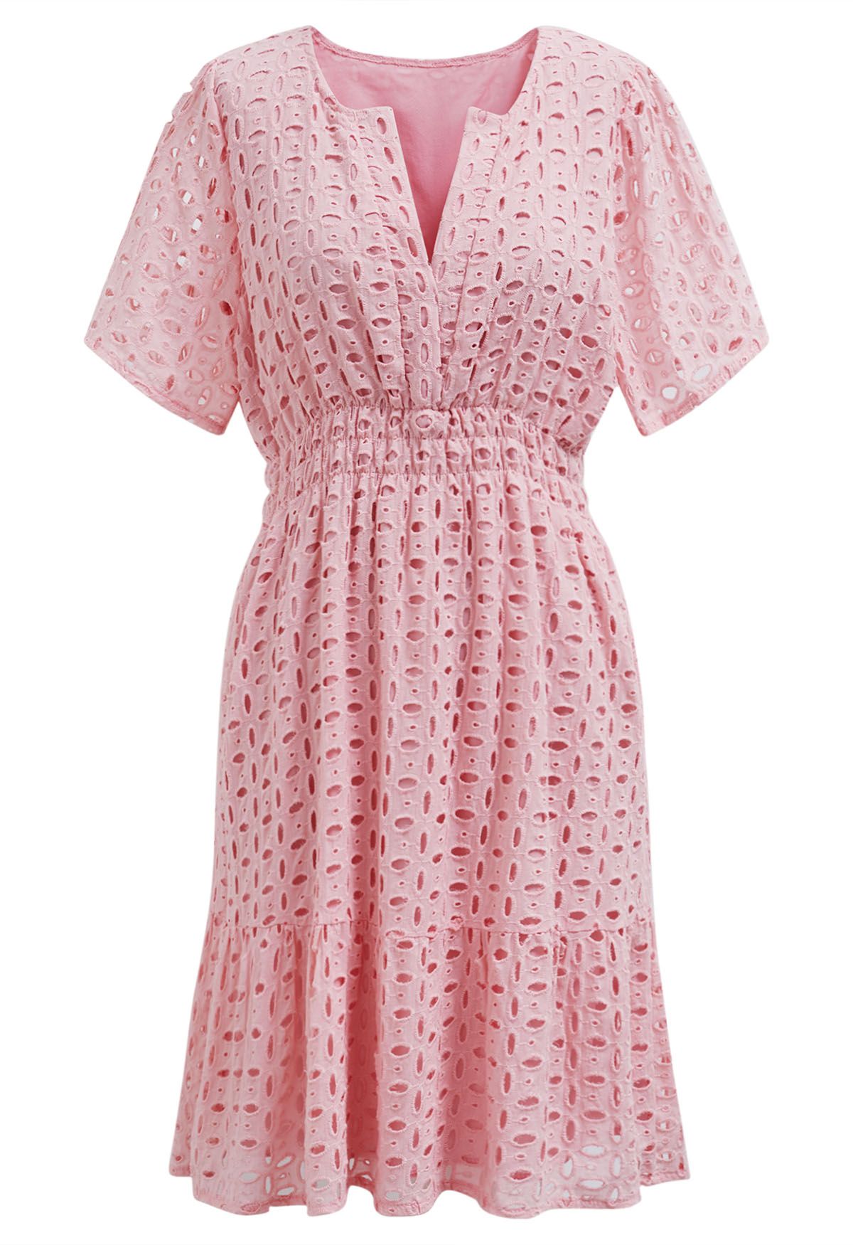 Robe en coton à col en V brodée d'œillets en rose