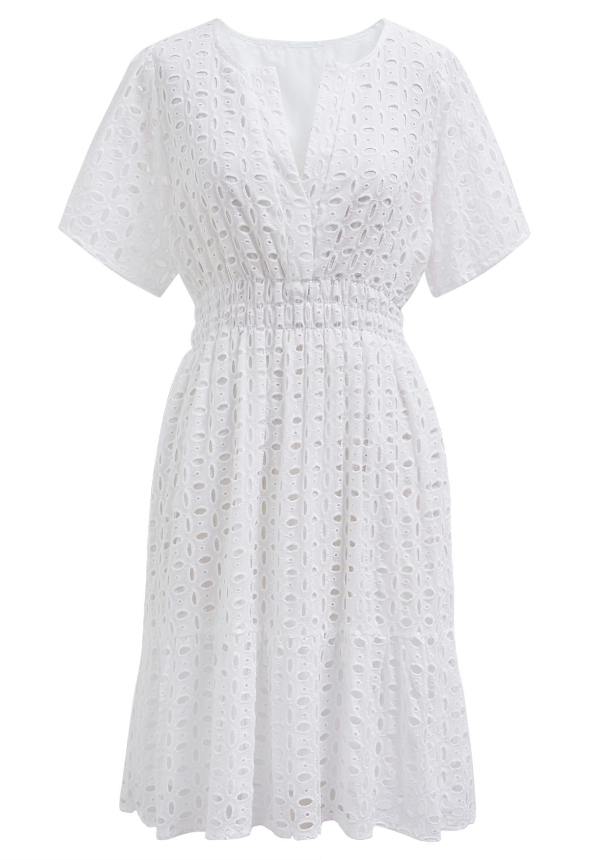 Robe en coton à col en V brodée d'œillets en blanc