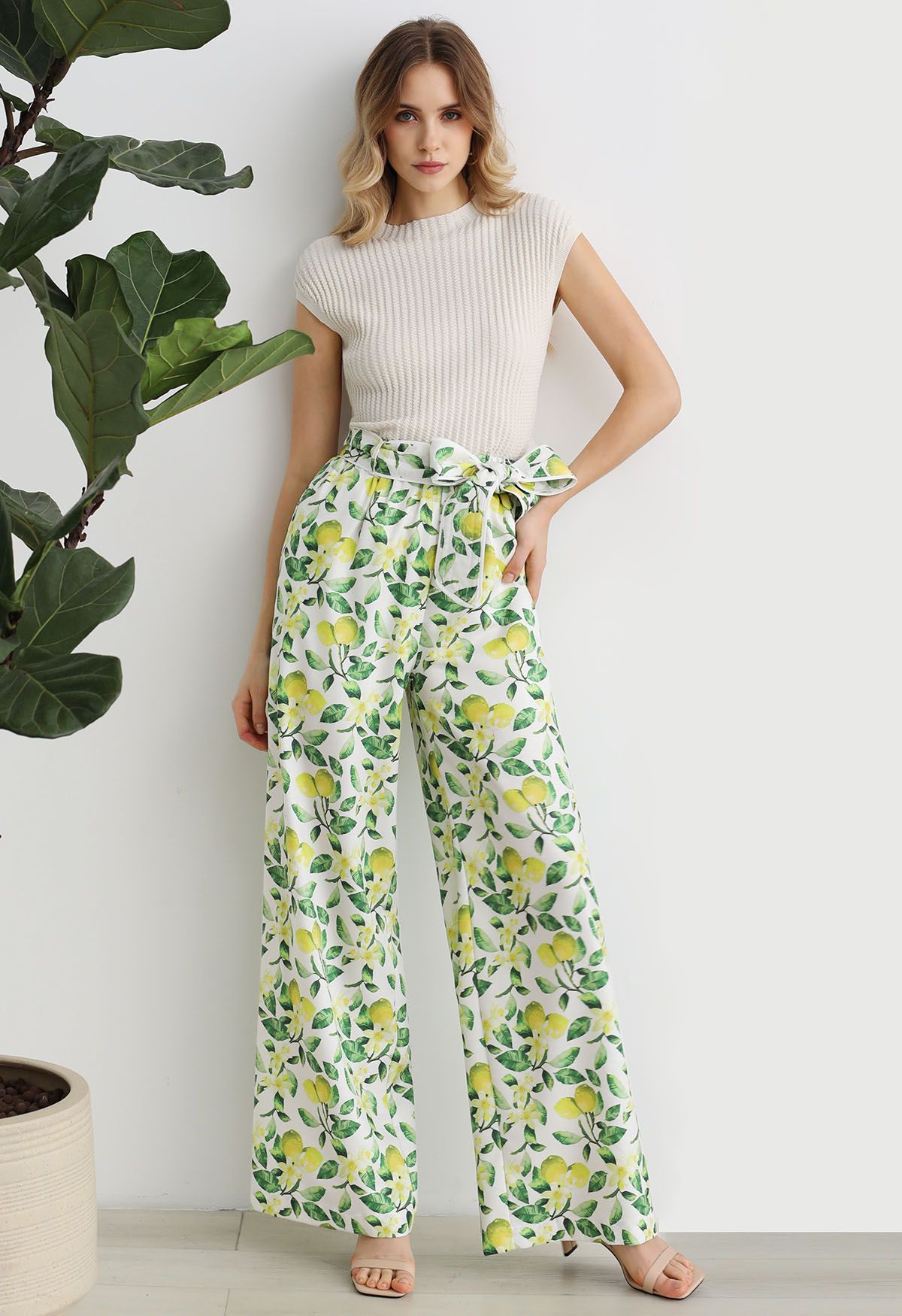 Pantalon large imprimé citron frais