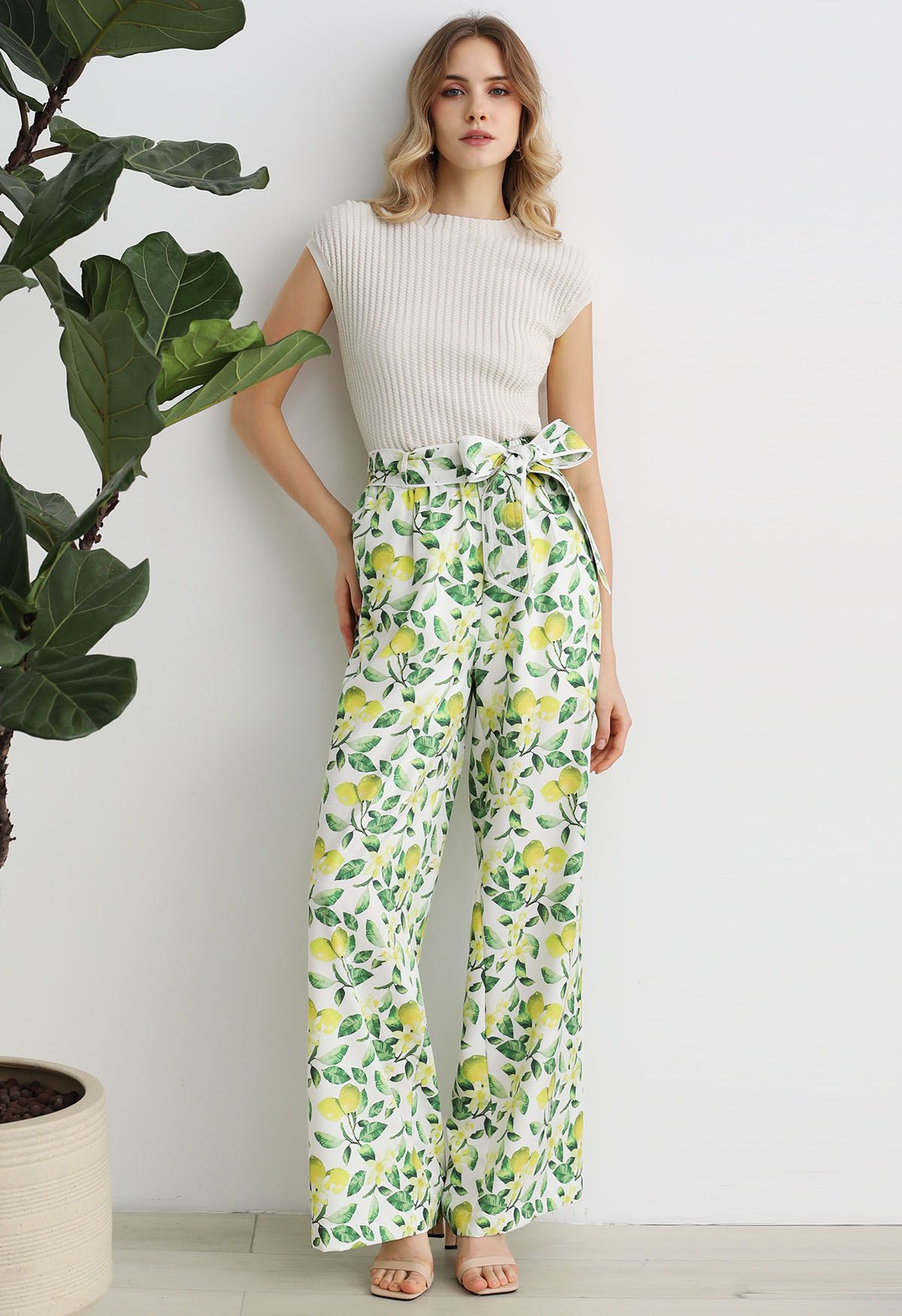 Pantalon large imprimé citron frais