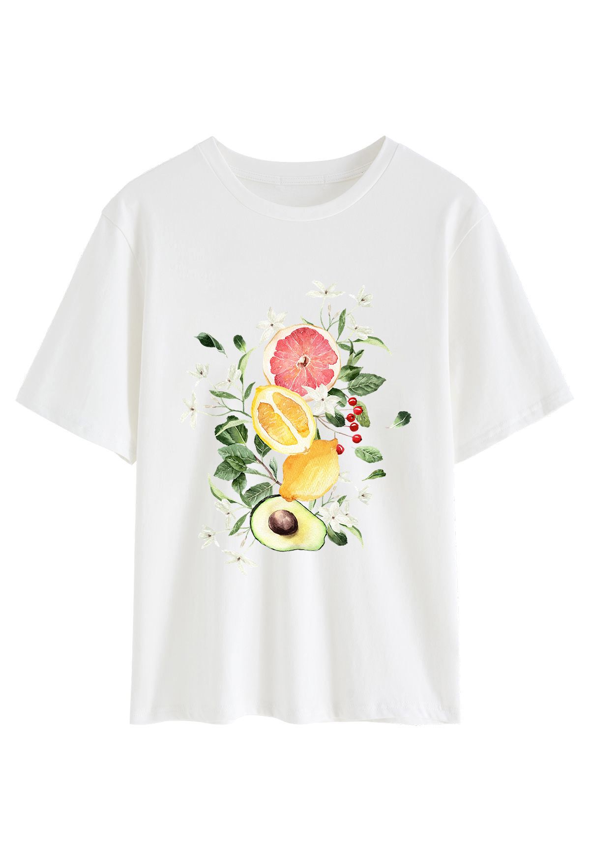 T-shirt à col rond imprimé de fruits colorés