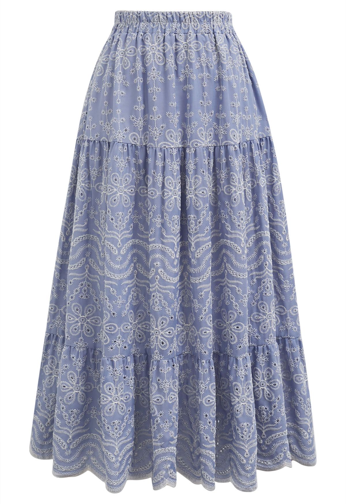 Jupe midi chic à fleurs brodées bleues