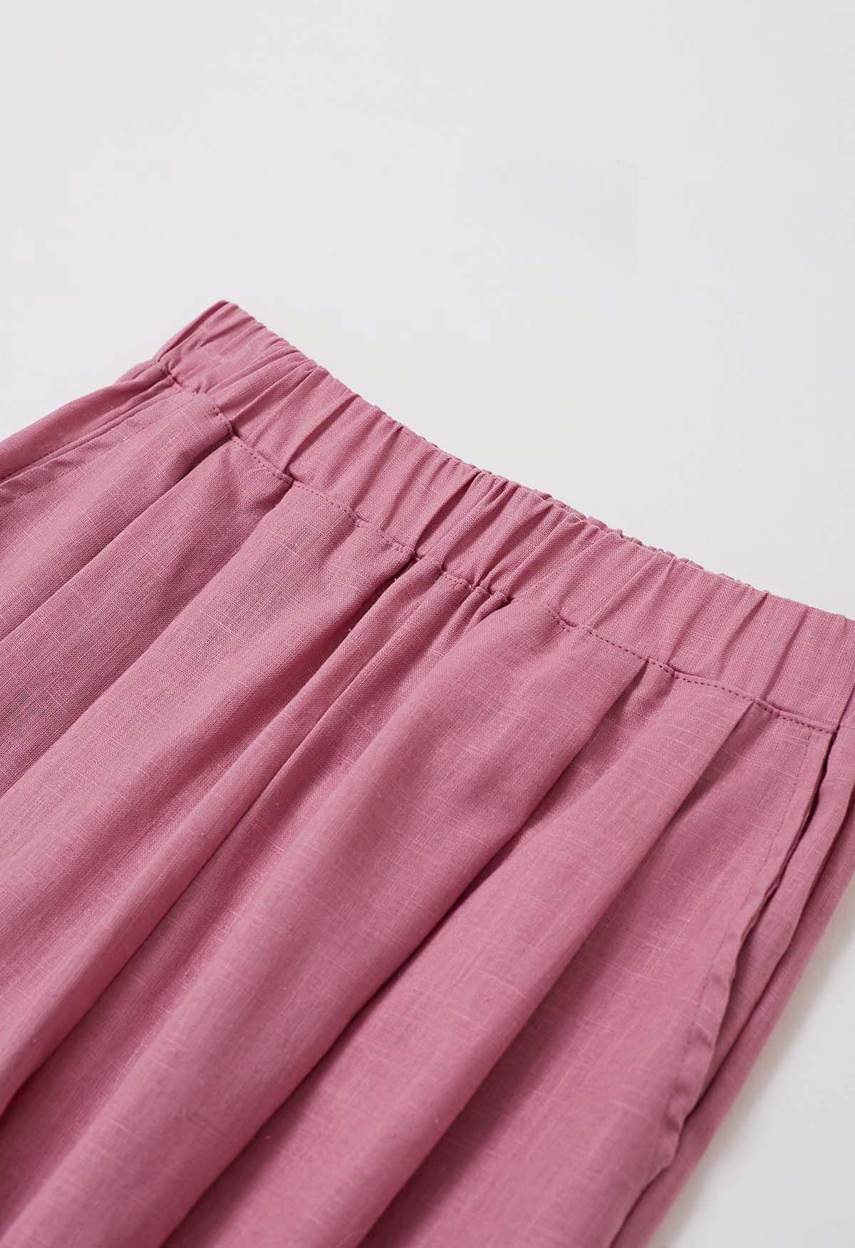 Pantalon large en lin mélangé avec poches latérales, rose