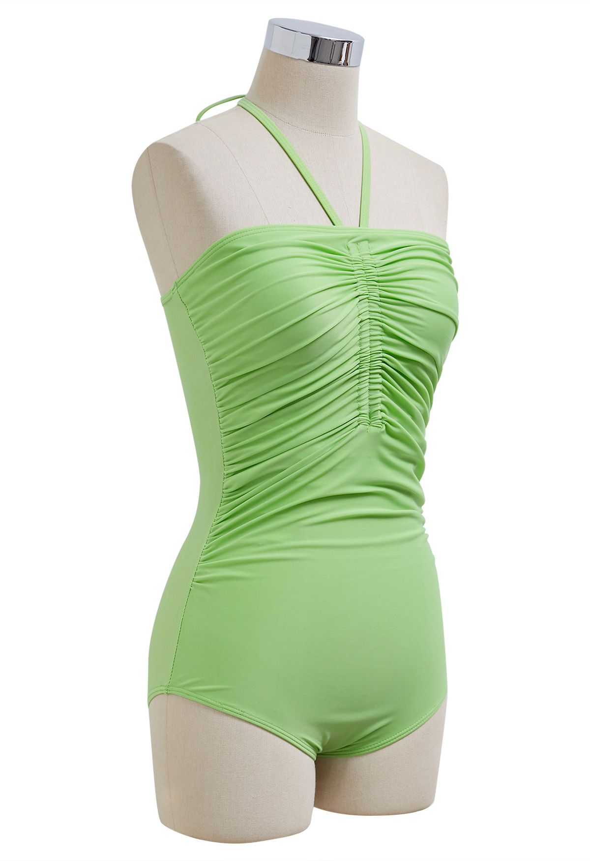 Maillot de bain dos nu avec cordon de serrage de couleur unie en vert