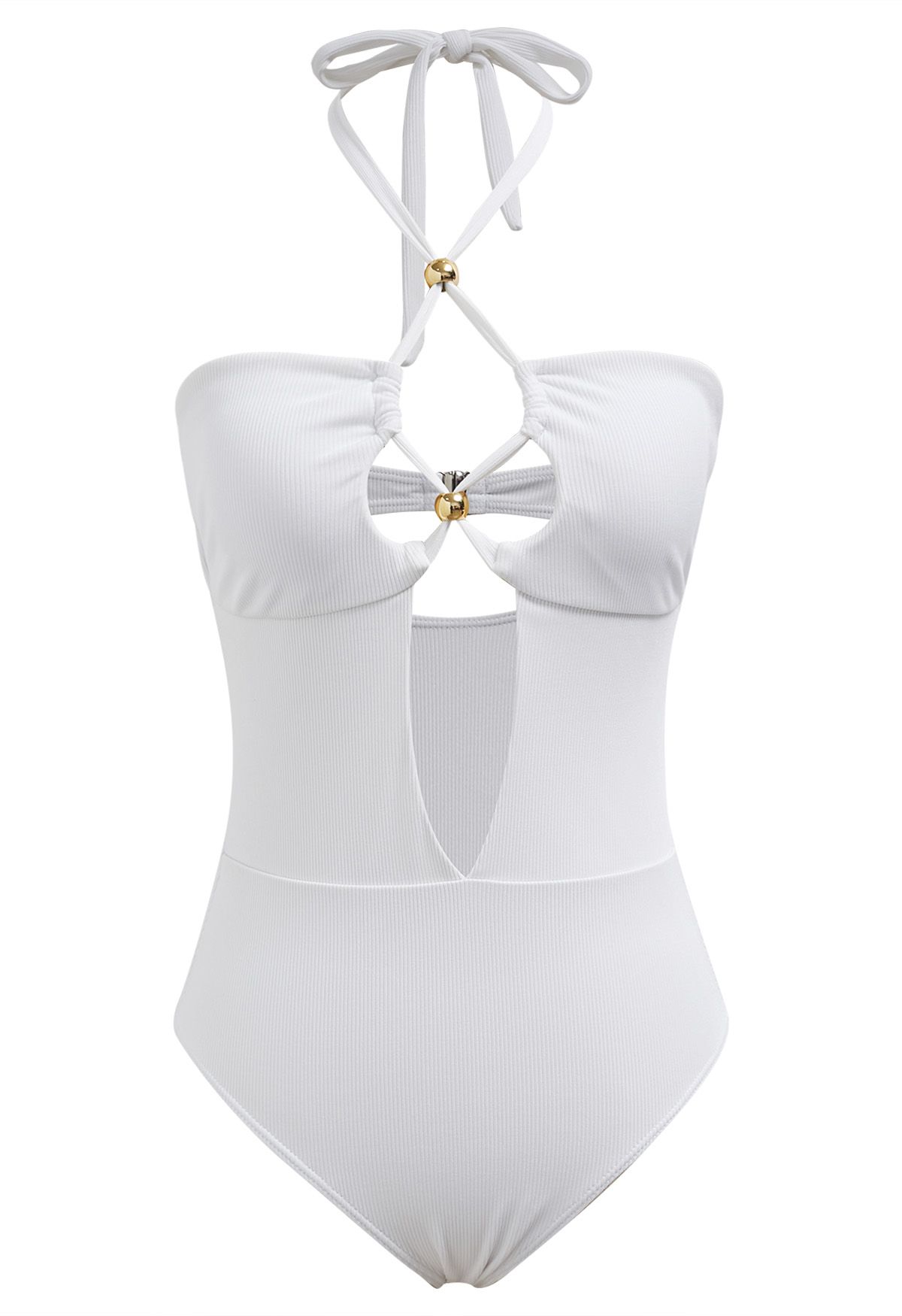 Maillot de bain blanc uni à découpes et col licou