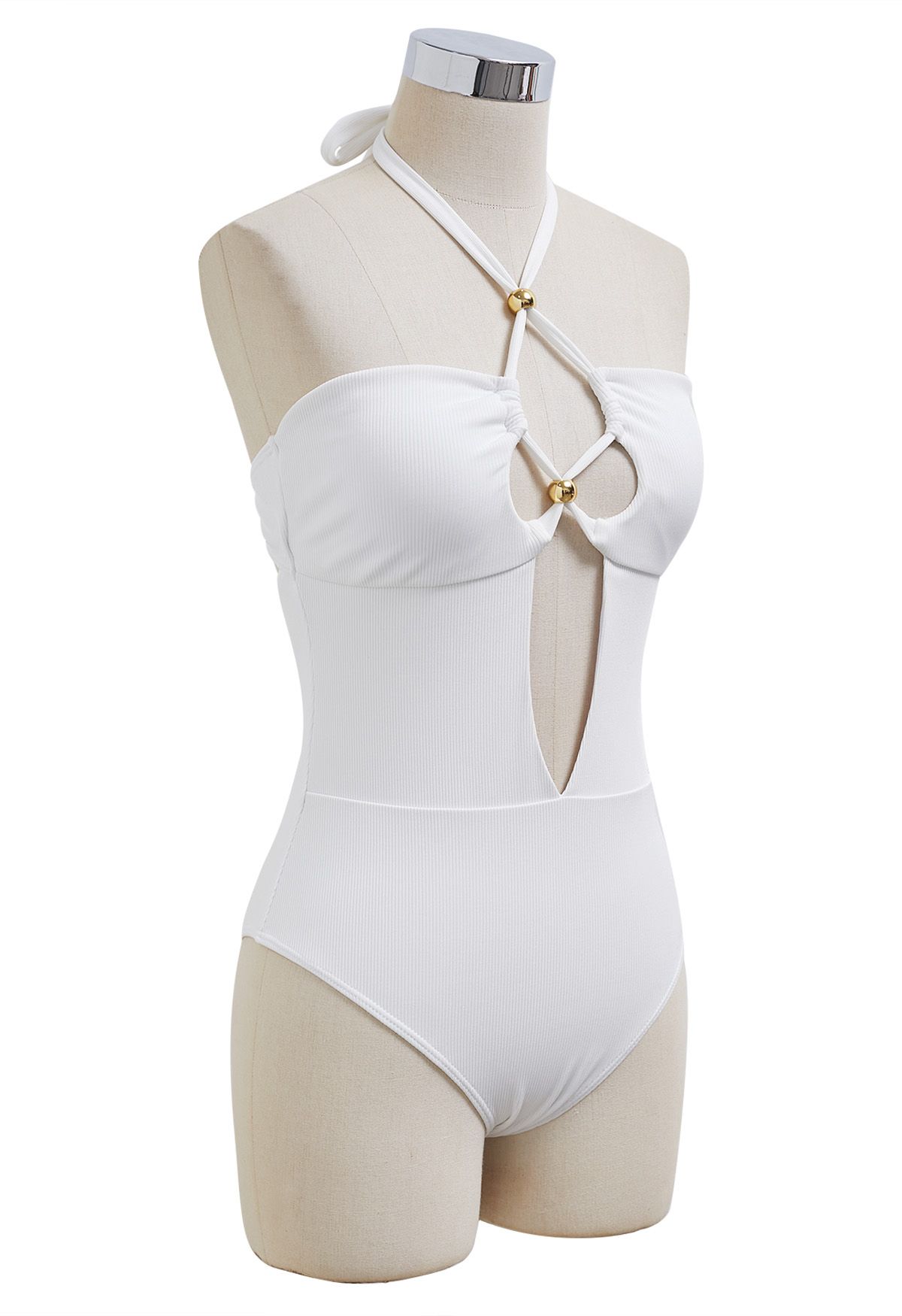 Maillot de bain blanc uni à découpes et col licou