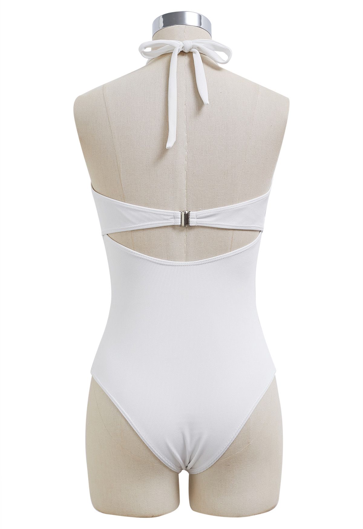 Maillot de bain blanc uni à découpes et col licou