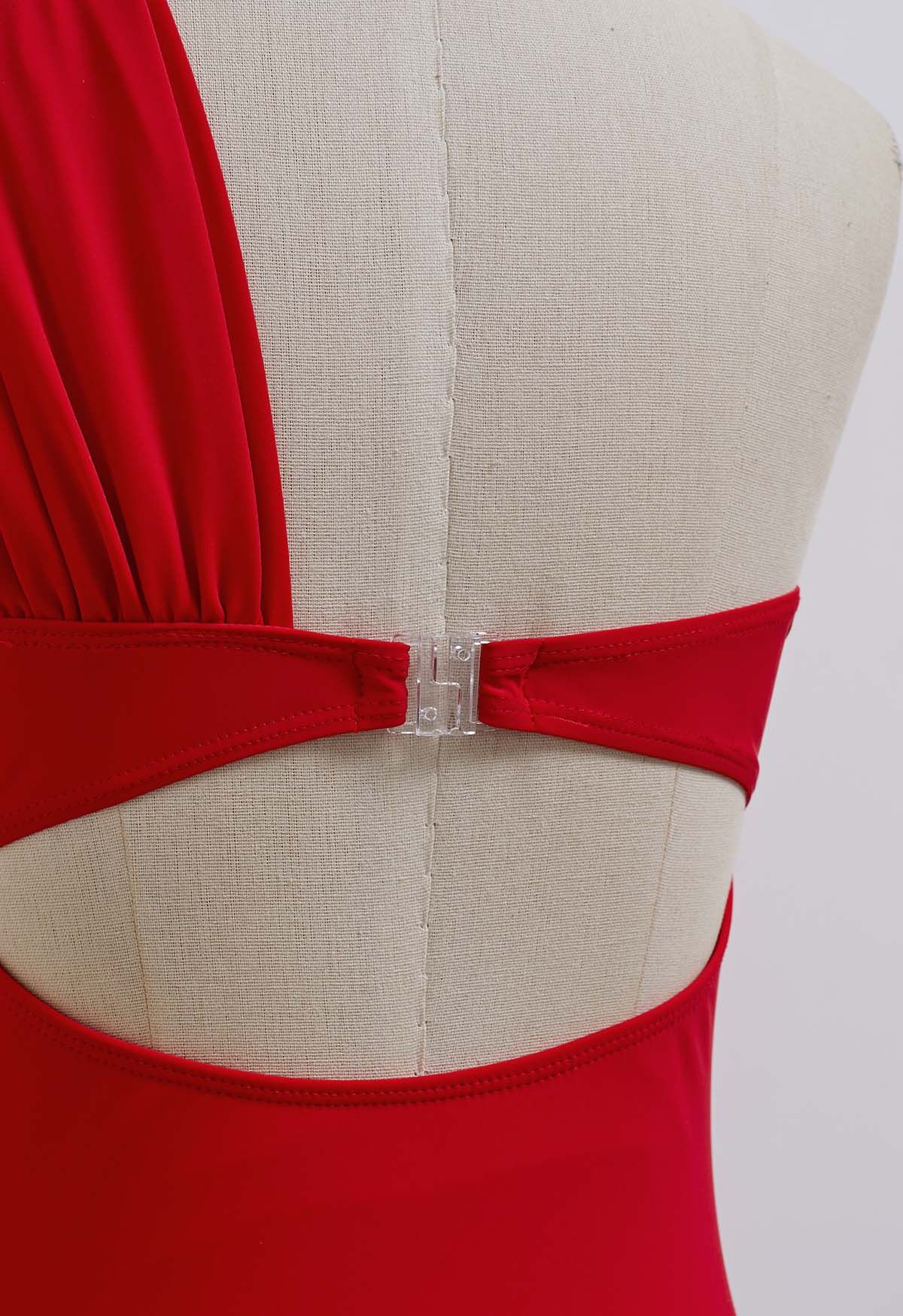 Maillot de bain une pièce asymétrique à nœud doux en rouge