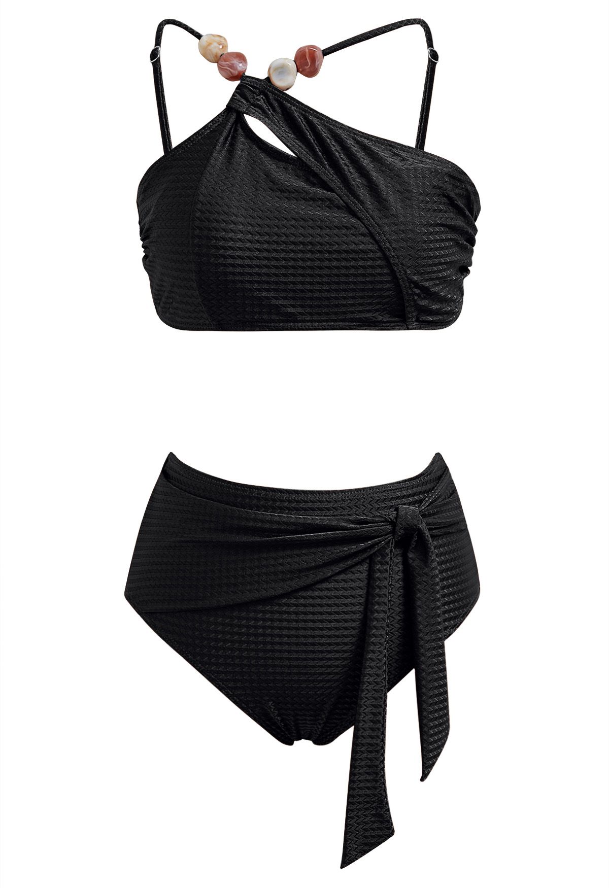 Ensemble de bikini avec nœud papillon et bretelles asymétriques en perles de résine en noir