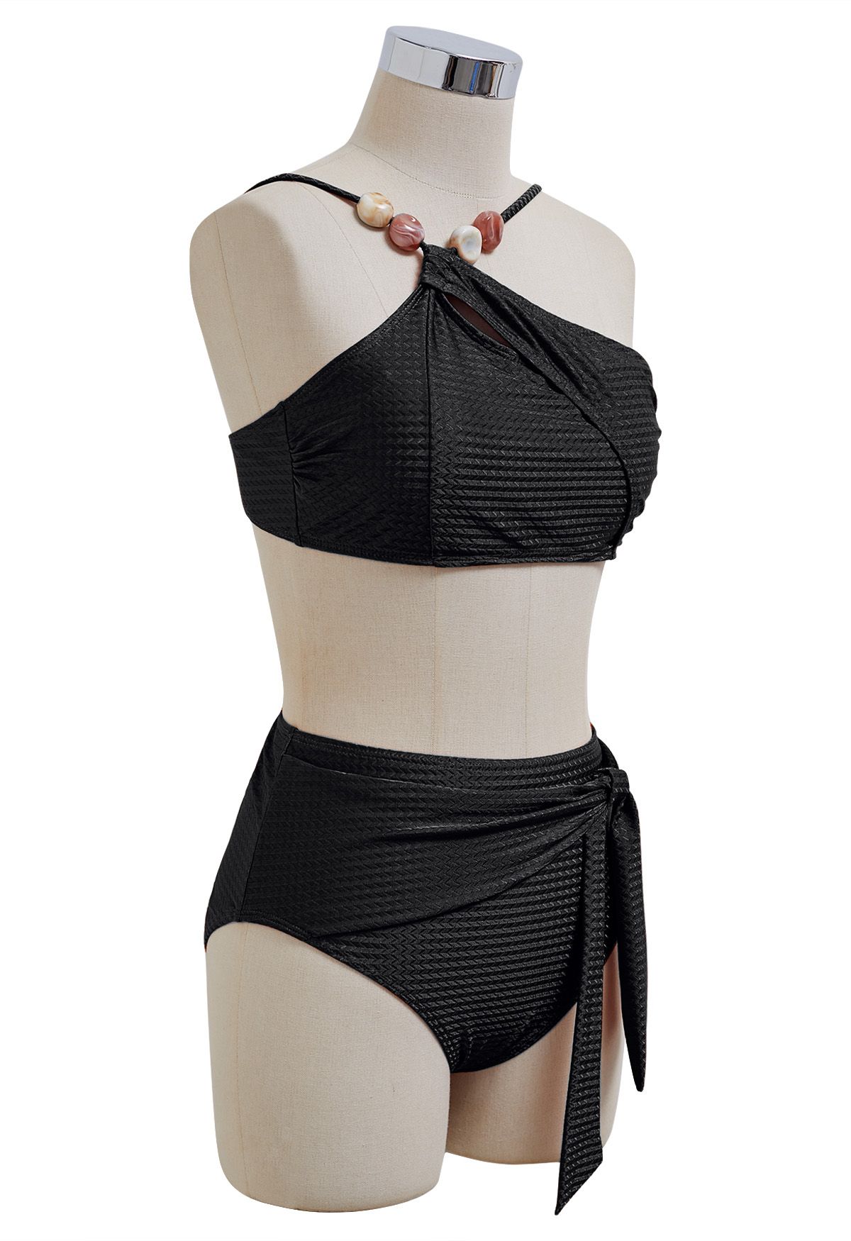 Ensemble de bikini avec nœud papillon et bretelles asymétriques en perles de résine en noir