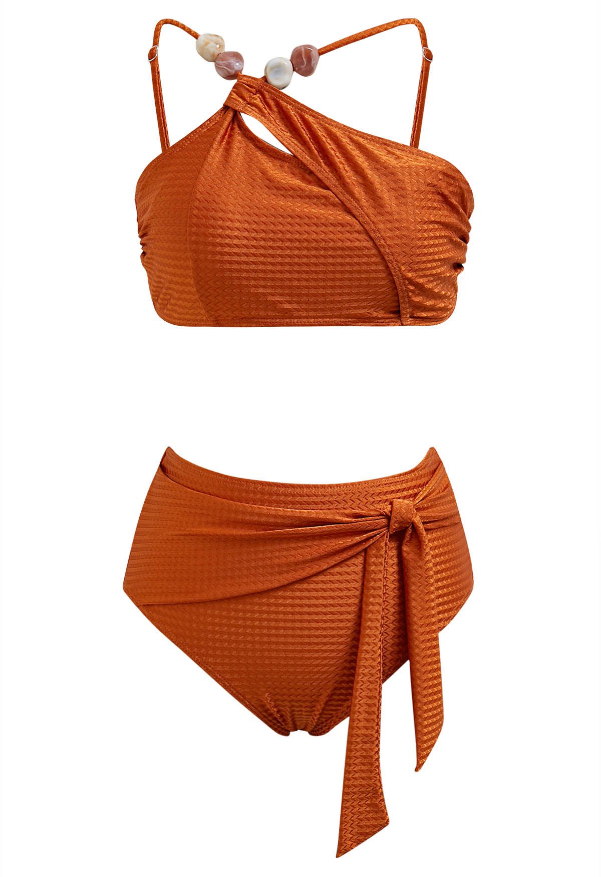 Ensemble de bikini avec nœud papillon et bretelles asymétriques en perles de résine en caramel