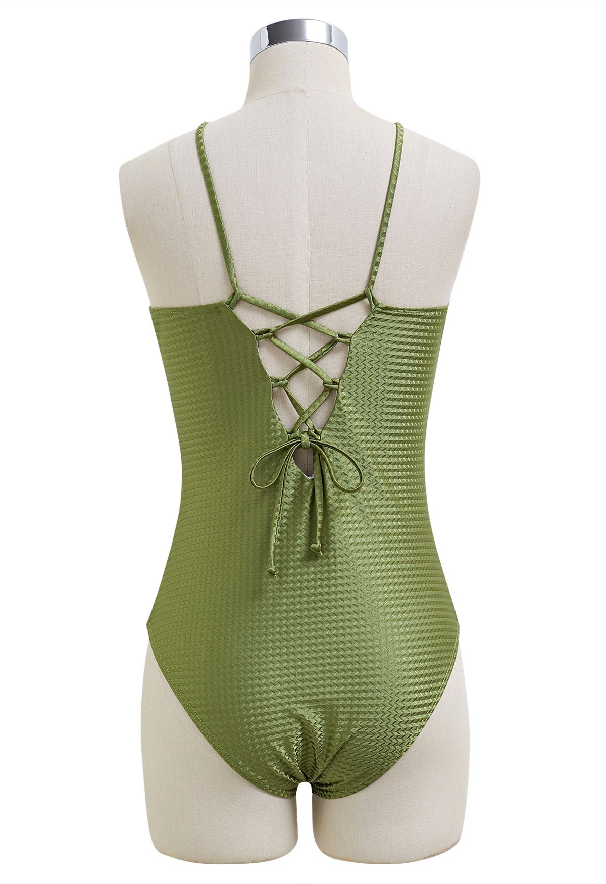 Maillot de bain texturé à col licou avec perles en résine, vert armée